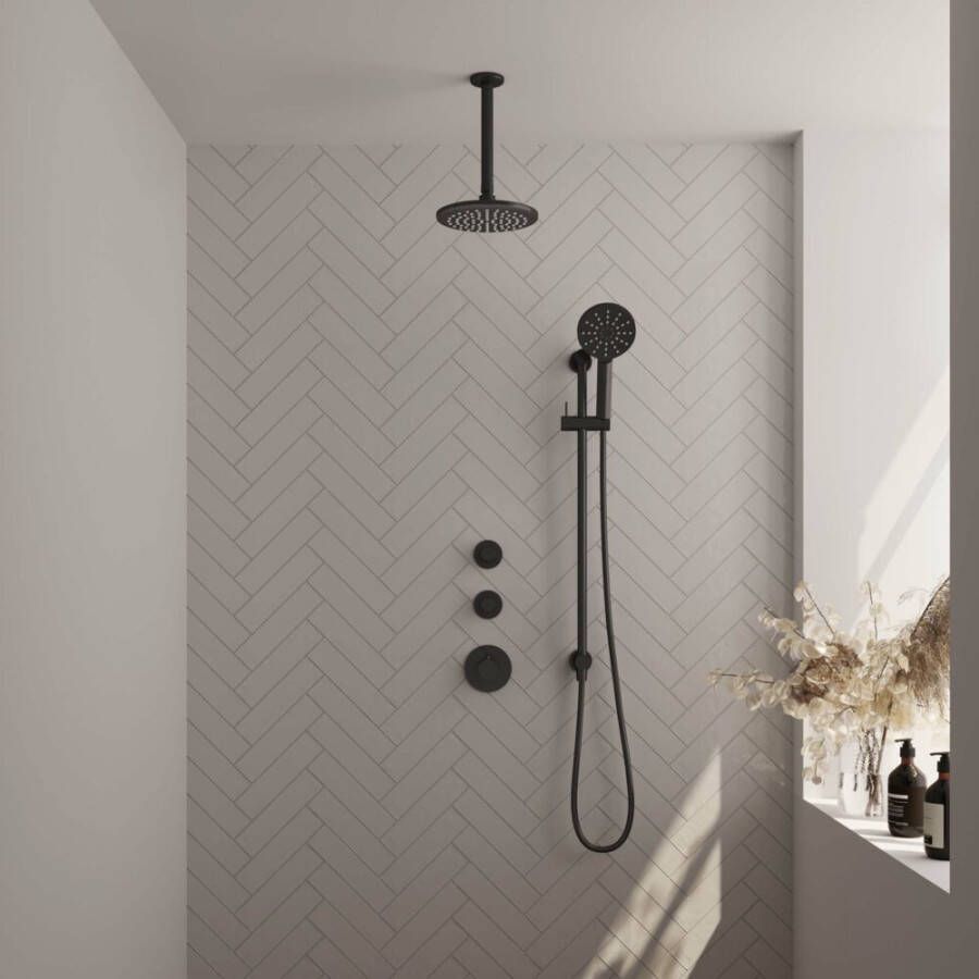 Brauer Black Carving thermostatische inbouw regendouche SET 23 | 20 cm douchekop | 3-standen handdouche | plafondarm | glijstang | mat zwart - Foto 2