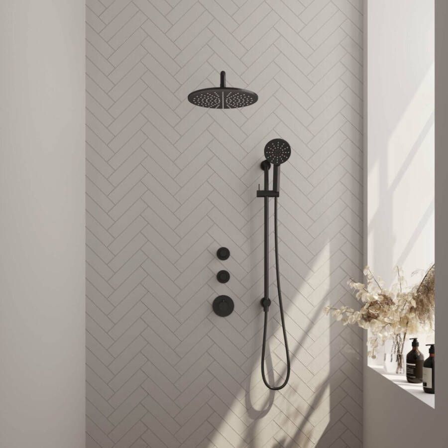Brauer Black Carving thermostatische inbouw regendouche SET 22 30 cm douchekop en gebogen muurarm 3-standen handdouche doucheslang geïntegreerde glijstang mat zwart