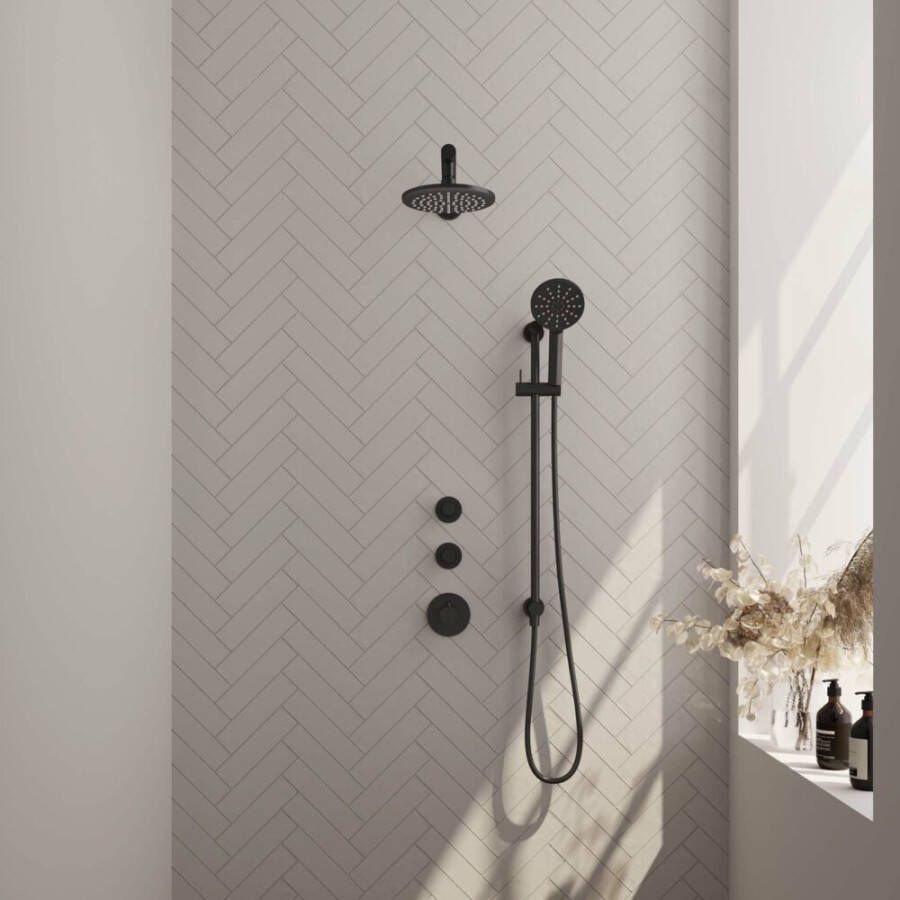 Brauer Black Carving thermostatische inbouw regendouche SET 19 20 cm douchekop rechte muurarm 3-standen handdouche doucheslang glijstang mat zwart