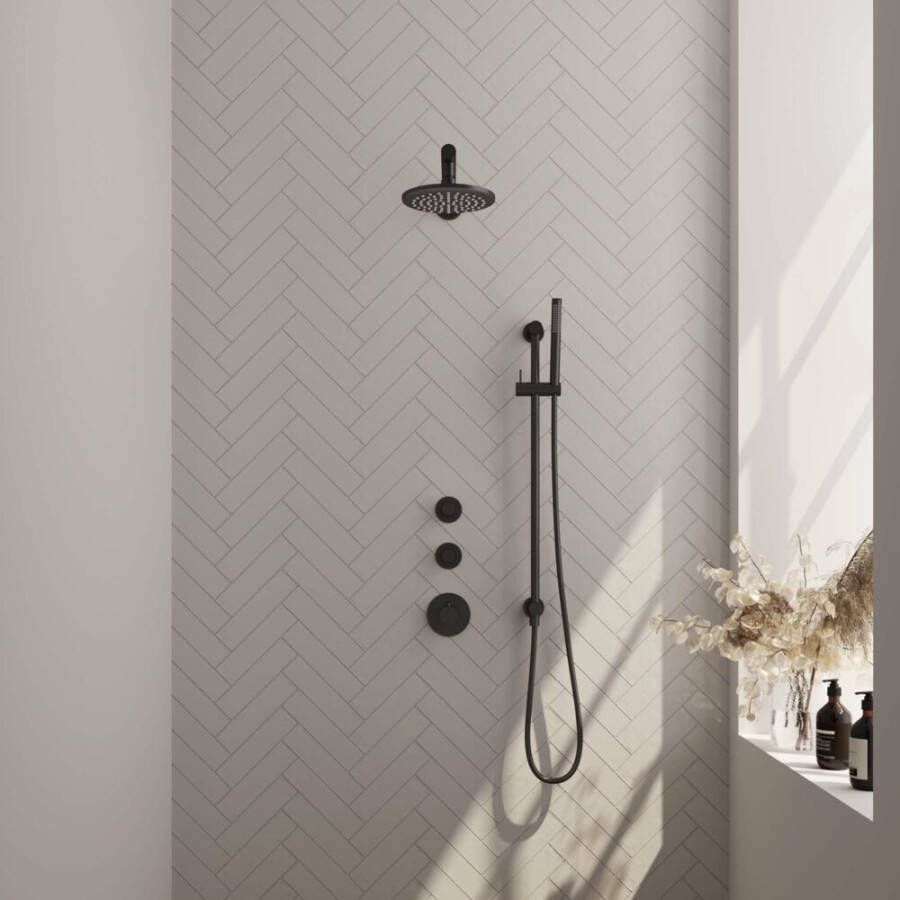 Brauer Black Carving thermostatische inbouw regendouche SET 13 20 cm douchekop met muurarm handdouche doucheslang en geïntegreerde glijstang mat zwart