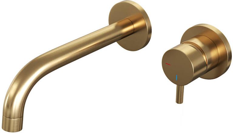 Brauer Inbouw Wastafelmengkraan Gold Edition Coldstart Gebogen Uitloop Korte Ronde Hendel Rechts Geborsteld Goud PVD Met Rozetten
