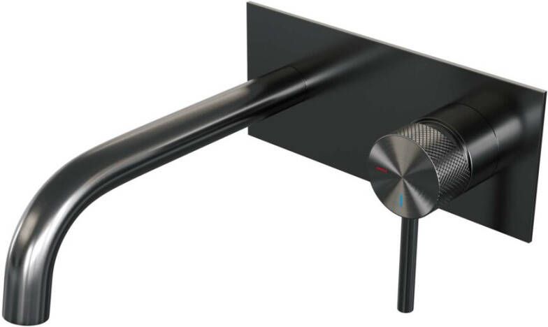 Brauer Gunmetal Carving Wastafelmengkraan inbouw gebogen uitloop links hendel lang smal carving- afdekplaat model A 1 PVD geborsteld gunmetal 5-GM-004-B6