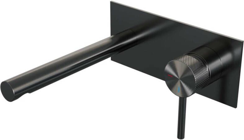 Brauer Gunmetal Carving inbouw wastafelmengkraan met rechte uitloop links en afdekplaat model A1 Gunmetal geborsteld PVD 5-GM-004-S6