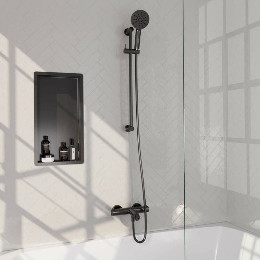 Brauer Gunmetal Carving thermostatische opbouw badkraan met glijstang 1 stand staafhanddouche en 150cm doucheslang Gunmetal geborsteld PVD 5-GM-085-1 - Foto 2