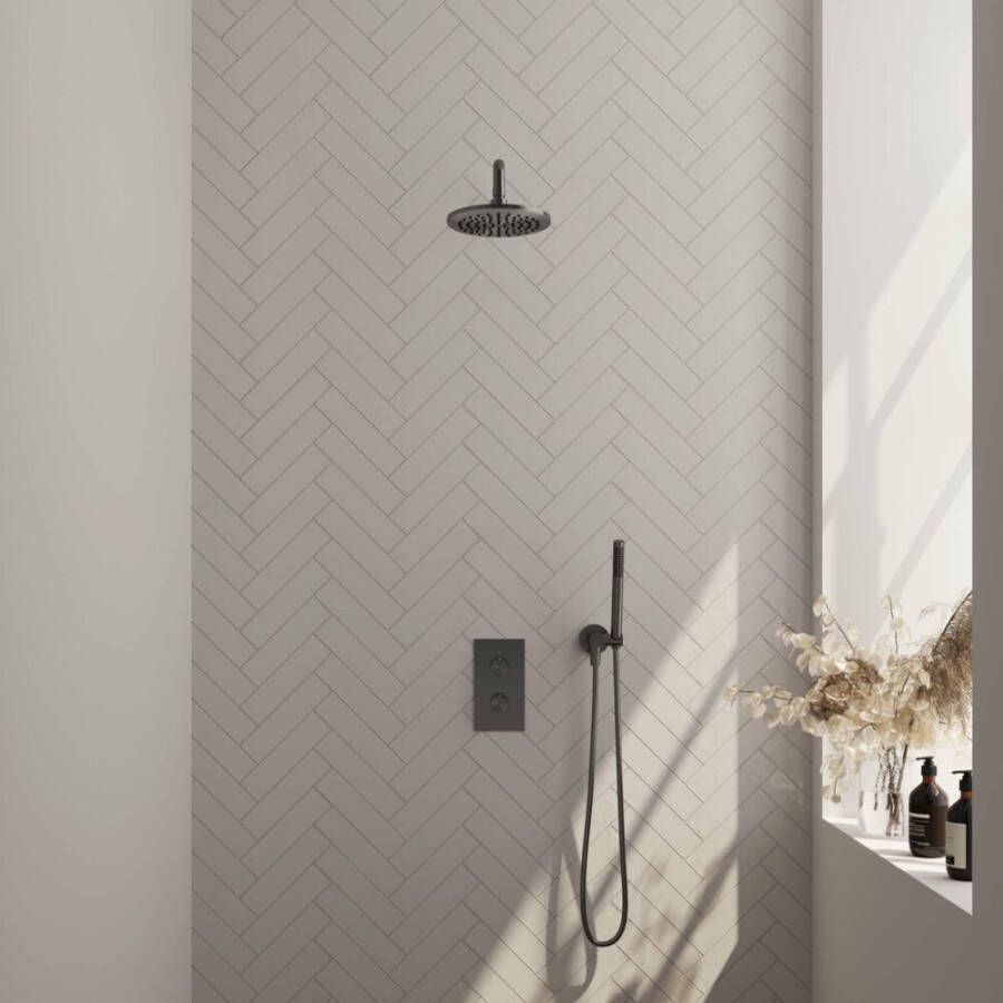 Brauer Gunmetal Edition thermostatische inbouw regendouche 3-weg omstelling SET 27 met 20 cm douchekop en gebogen muurarm en staaf handdouche en doucheslang en wandaansluitbocht gunmetal geborsteld PVD - Foto 2