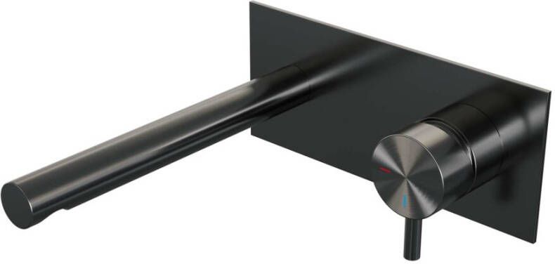 Brauer Inbouw Wastafelmengkraan Gunmetal Edition Coldstart Rechte Uitloop Korte Ronde Hendel Rechts Geborsteld Gunmetal PVD Met Afdekplaat