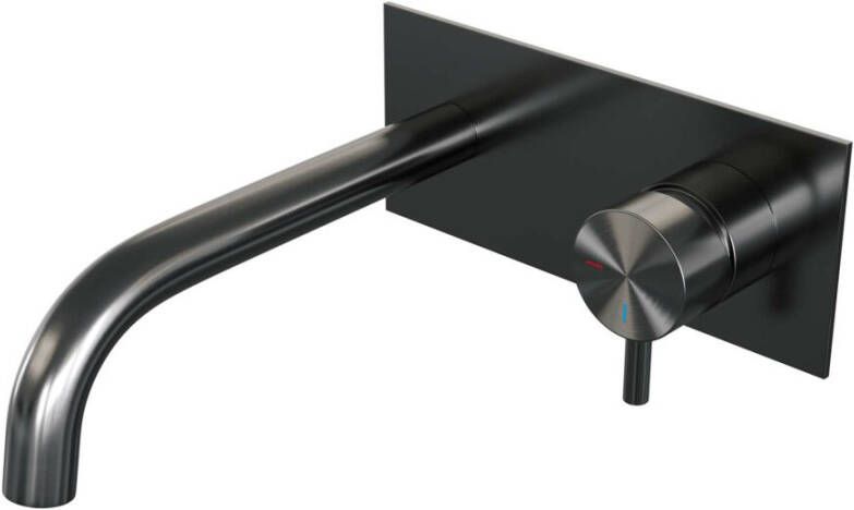 Brauer Gunmetal Edition Wastafelmengkraan inbouw gebogen uitloop links korte smalle gladde hendel afdekplaat model B 1 PVD geborsteld gunmetal 5-GM-004-B5