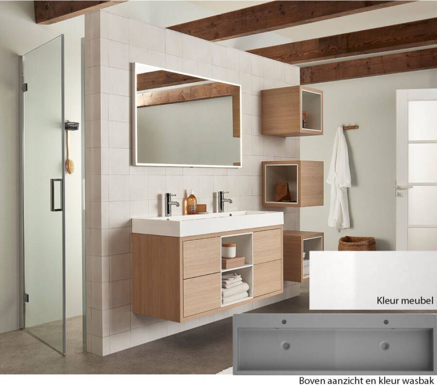 Bruynzeel Box badkamermeubel met open kolom midden en grijze wastafel 150 glanzend wit