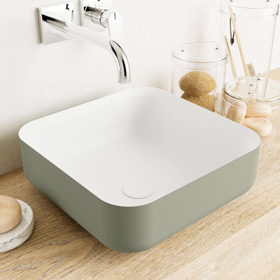 Mondiaz Binx Waskom 36x36x13cm vierkant opbouw Solid surface Army Talc M49903ArmyTalc