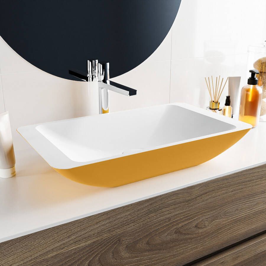 Mondiaz Topi waskom 59.5x34.5x10cm rechthoek opbouw Solid Surface Ocher Talc M80180OcherTalc