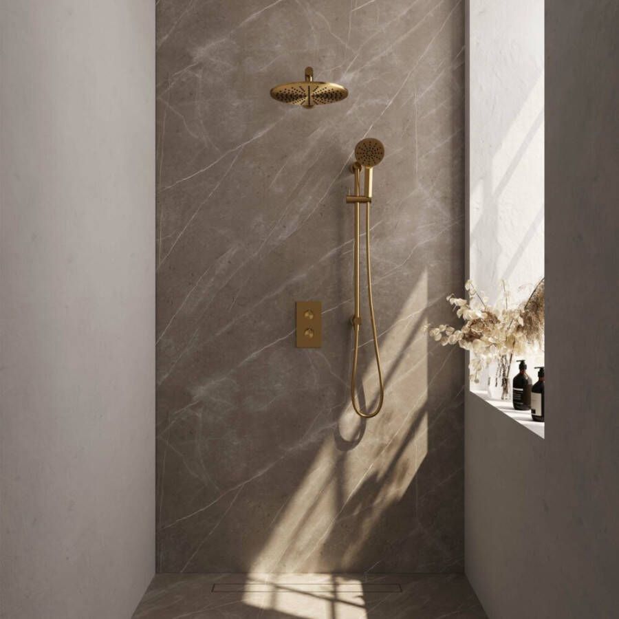 Brauer Gold Carving inbouw doucheset glijstang rechte muurarm en ronde handdouche 3-weg 30 goud
