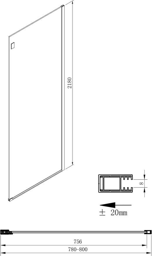 Gelco Zijwand 80cm Volcano mat zwart profiel helder glas 8mm antikalk