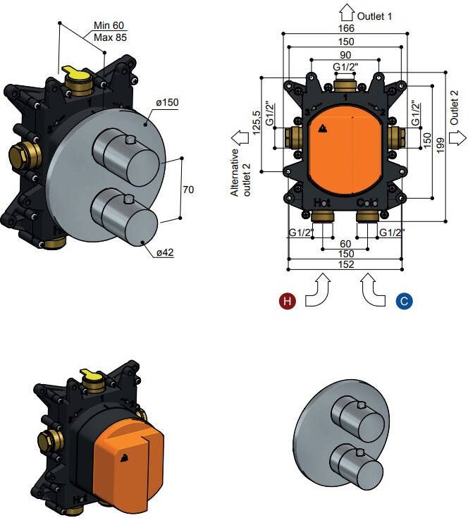 Hotbath Archie AR009EXT afbouwdeel thermostaat met 2-weg stop-omstel