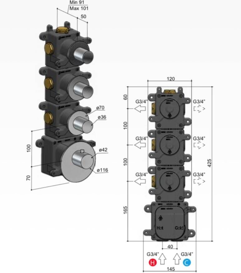 Hotbath Archie ARHR3 High Flow thermostaat met 3 stopkranen RVS 316