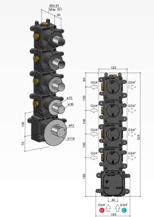 Hotbath Archie ARHR4 High Flow thermostaat met 4 stopkranen RVS 316