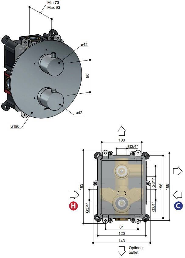 Hotbath Buddy B009EXT afbouwdeel inbouw thermostaat 2-weg omstel geborsteld nikkel