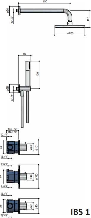 Hotbath Buddy IBS1 inbouw douche set met 2 stopkranen chroom vstaafdouche plafondbuis 30cm douchekop 20cm (incl. glijstang)