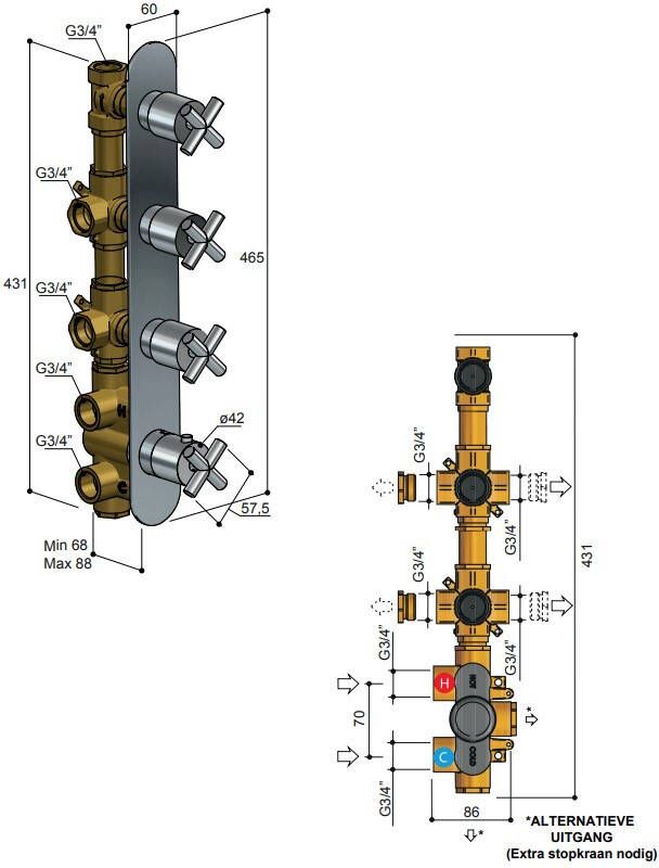 Hotbath Chap C050 inbouw 3 weg thermostaat chroom