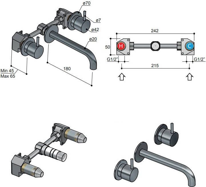 Hotbath Cobber CB005T-18 inbouw wastafelmengkraan geborsteld koper