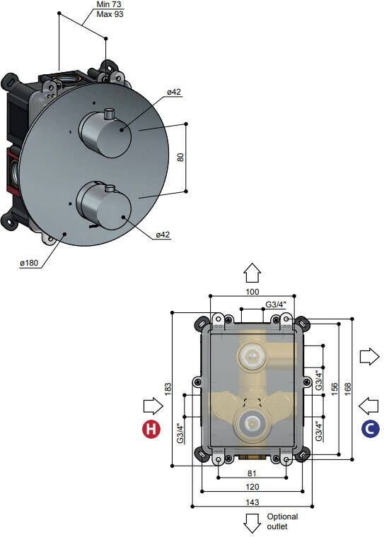 Hotbath Cobber CB009 inbouw thermostaat met 2 weg stop omstel geborsteld koper PVD