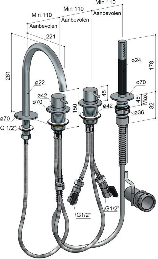 Hotbath Cobber CB073 badrandcombinatie met handdouche en uitloop geborsteld nikkel