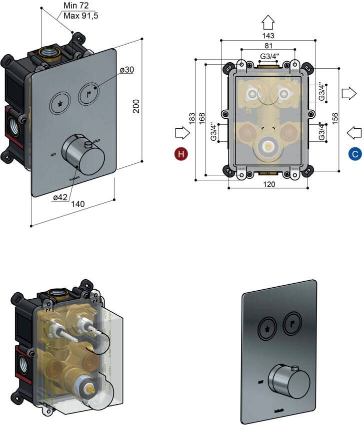 Hotbath Cobber PB009QEXT afbouwdeel thermostaat met 2 pushbuttons zwart chroom