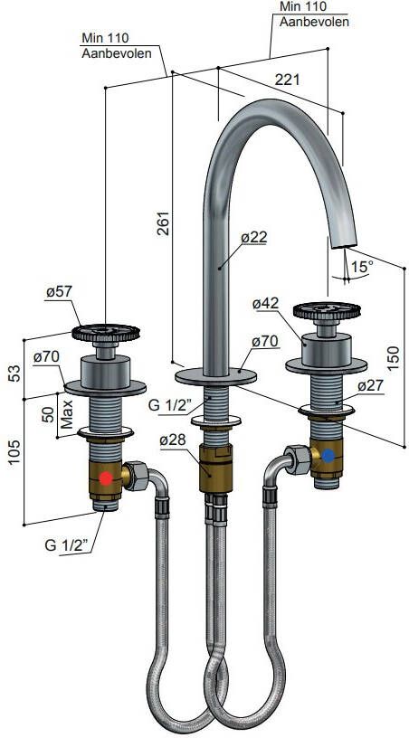 Hotbath Cobber @work CW033 wastafelmengkraan 3 gats geborsteld nikkel