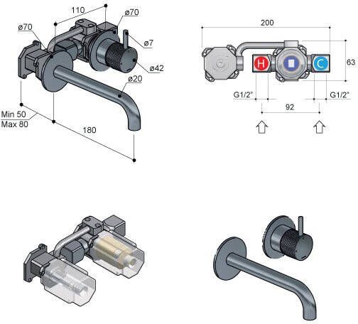 Hotbath Cobber X CX005-18 inbouw wastafelmengkraan 18 cm geborsteld messing PVD
