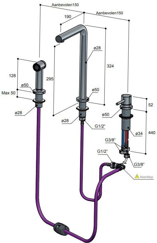 Hotbath Fellow Keukenmengkraan 3 gats met handdouche Zwart Chroom FKM19BK