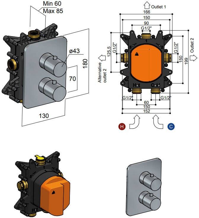 Hotbath Gal GL009 inbouwthermostaat met 2 weg stop-omstel geborsteld gunmetal PVD