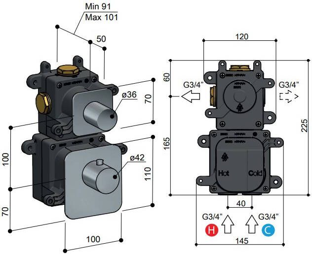 Hotbath Gal GLF011 high flow thermostaat met 1 stopkraan geborsteld messing PVD