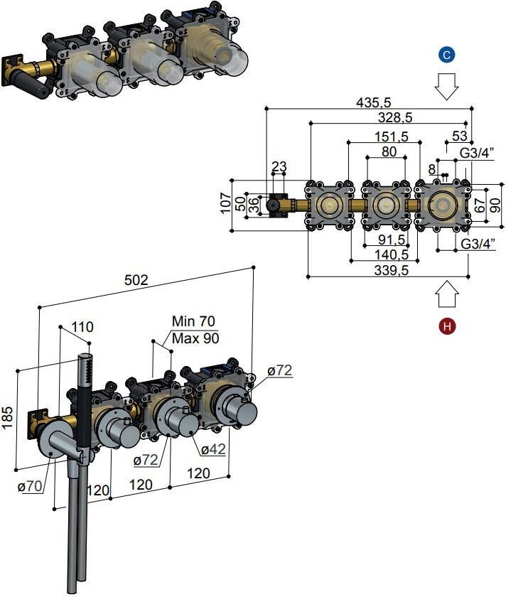 Hotbath HBCB7071 inbouwdeel thermostaat met 2 stopkranen en handdouche