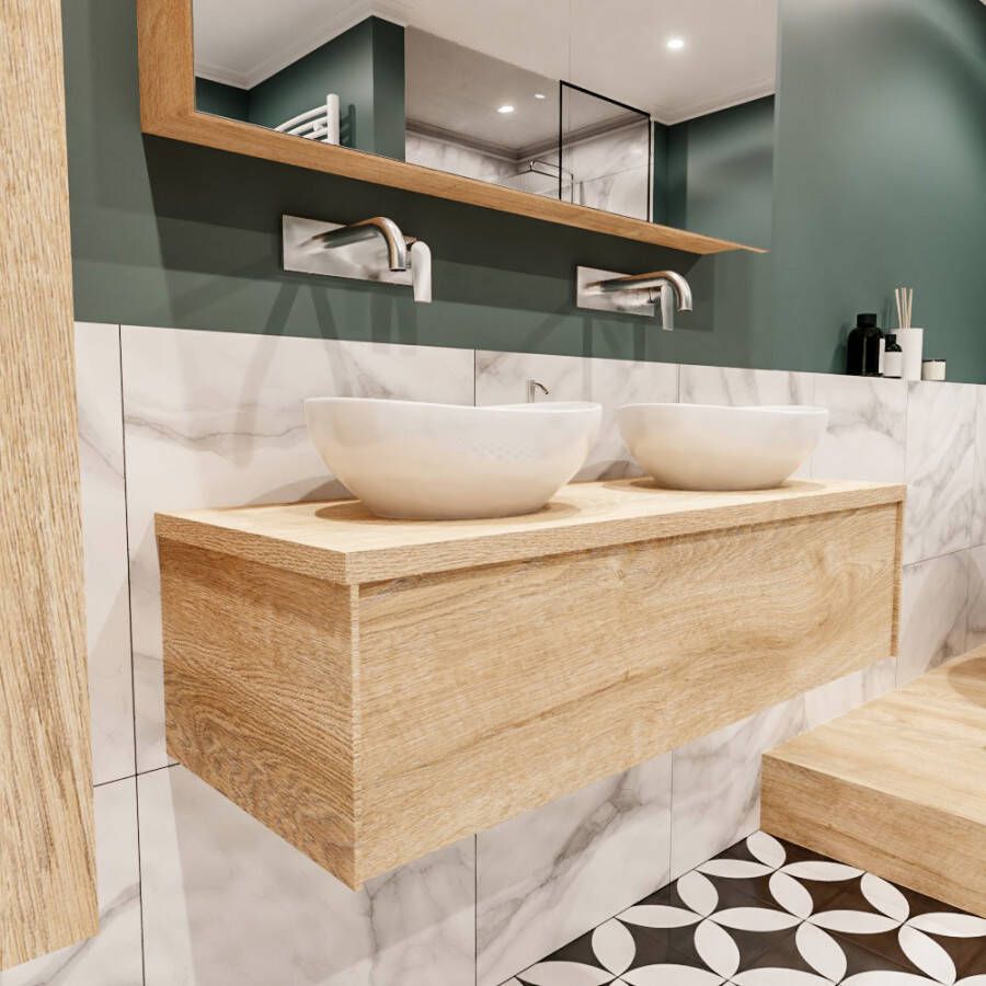 Mondiaz Lush 120 badmeubel washed oak 1 lades wastafel Barco dubbel zonder kraangat