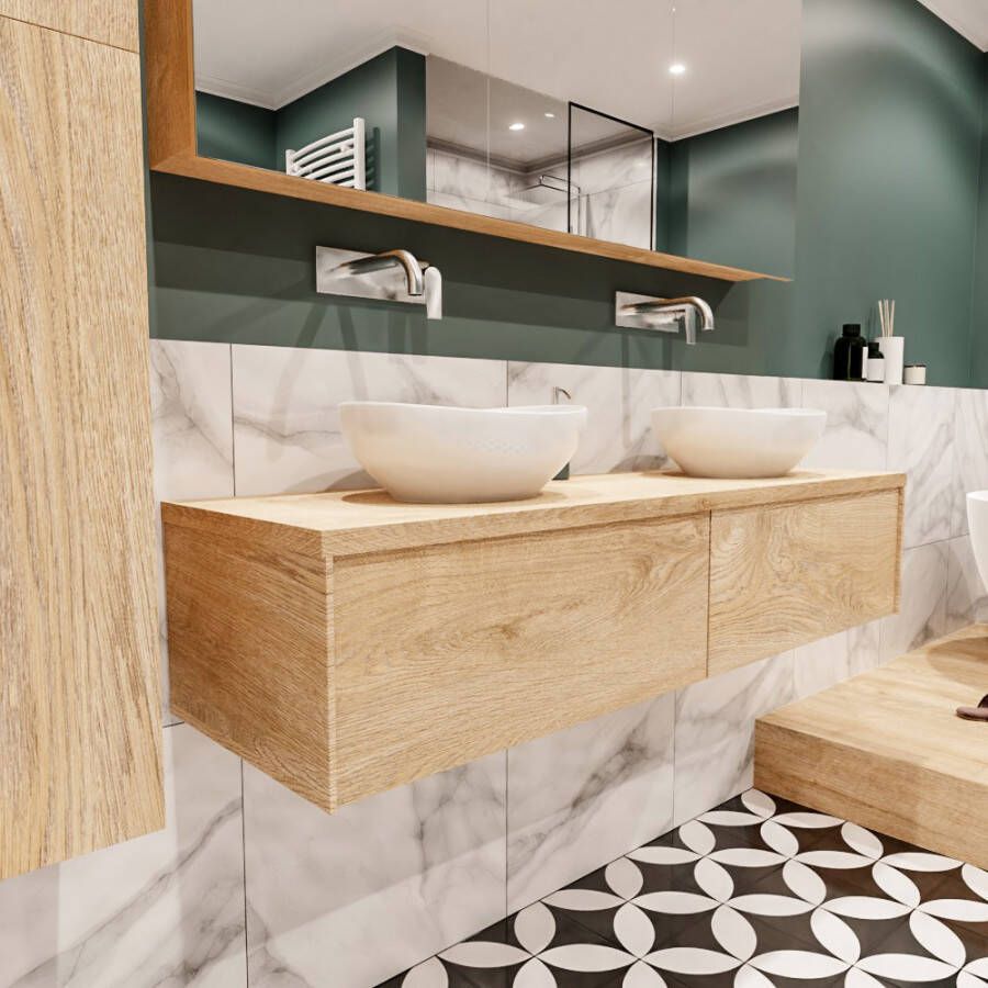 Mondiaz Lush 150 badmeubel washed oak 2 lades wastafel Barco dubbel zonder kraangat