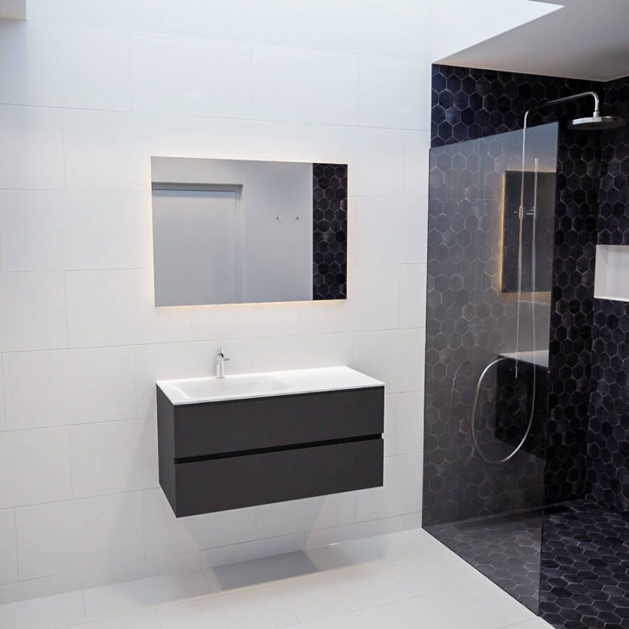 Mondiaz Vica 100 badmeubel dark grey 2 lades wastafel Cloud links 1 kraangat