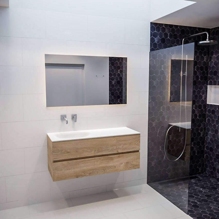 Mondiaz Vica 120 badmeubel washed oak 2 lades wastafel Moon links zonder kraangat