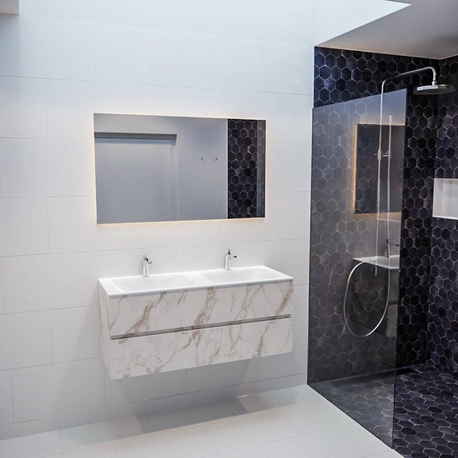 Mondiaz Vica 120cm badmeubel carrara 2 lades wastafel Cloud dubbel met 2 kraangaten