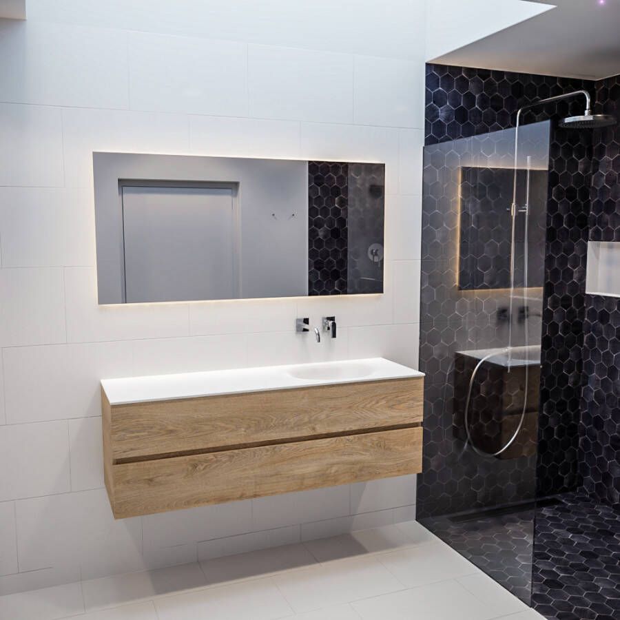 Mondiaz Vica 150 badmeubel washed oak 2 lades wastafel Moon rechts zonder kraangat
