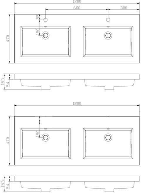 Neuer Trendline dubbele wastafel zonder kraangaten 120 wit