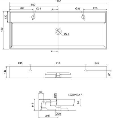 Novara Legato wastafel Dun keramiek met overloop 120x46x14 5 2 kraangaten