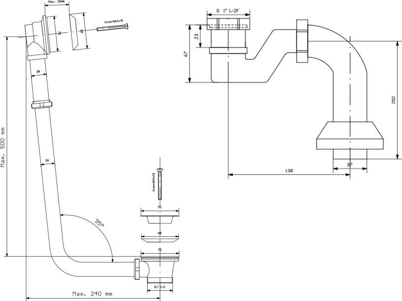 Polysan Charleston Badafvoerset voor externe installatie ketting inclusief sifon chroom