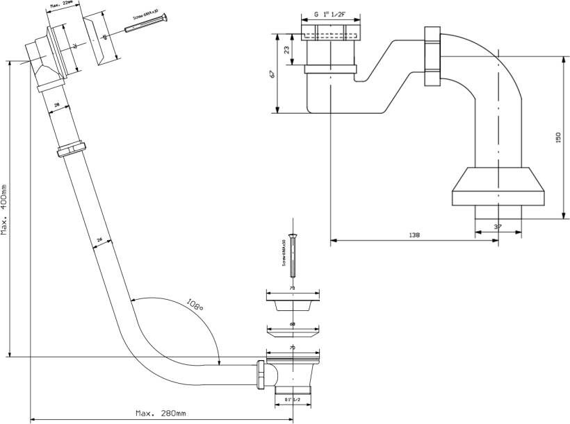 Polysan Retro Badafvoerset voor externe installatie ketting inclusief sifon chroom