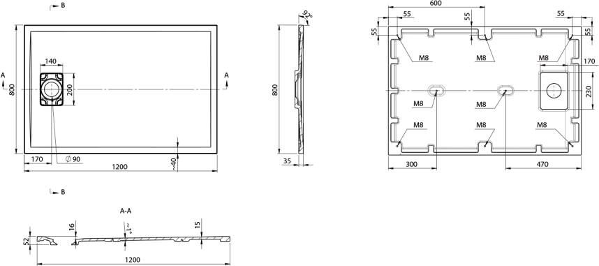 Sapho Acora Douchebak gegoten marmer 120x80x3 5cm rechthoek grijs stenen décor