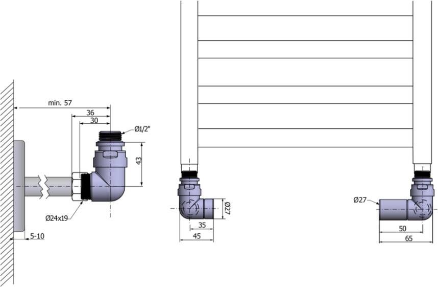 Sapho Corner Simply handdoekradiator ventielset rechts mat zwart