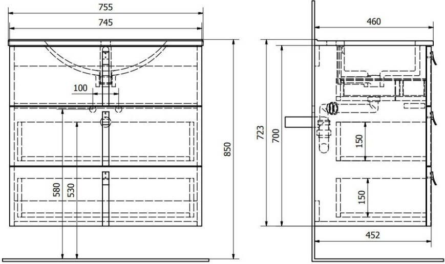 Sapho Mitra Onderkast incl. wastafel 2x3 lades 150x70x46cm antraciet