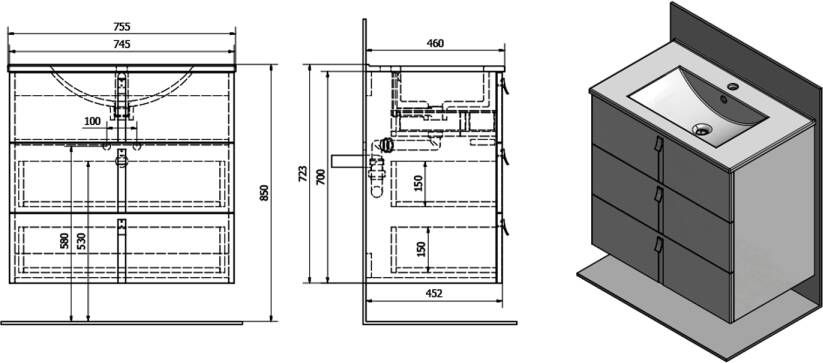 Sapho Mitra Onderkast incl. wastafel 2x3 lades 150x70x46cm antraciet