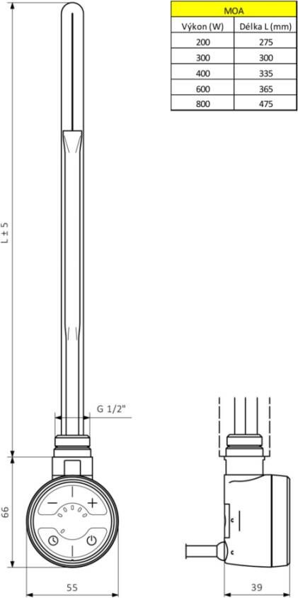 Sapho Moa verwarmingselement met thermostaat 300W chroom