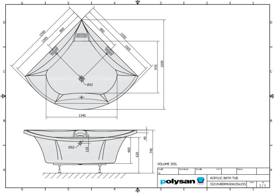 Sapho Polysan Bermuda inbouw hoekbad Acryl 155x155 cm met support frame wit