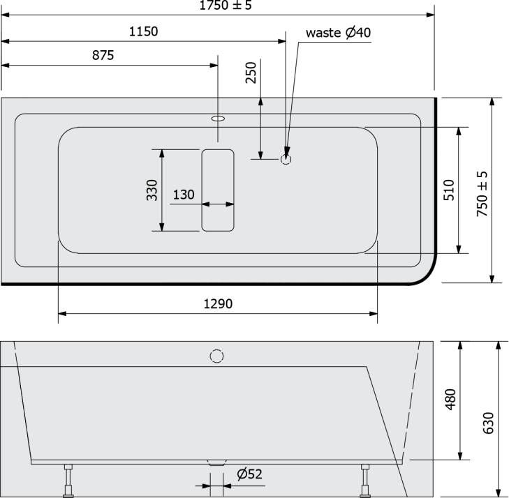 Polysan Monolith hoekbad links 175x75 zwart wit