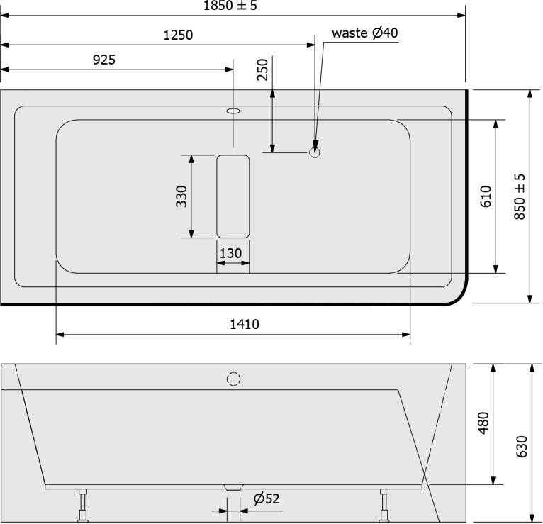 Polysan Monolith hoekbad links 185x85 zwart wit